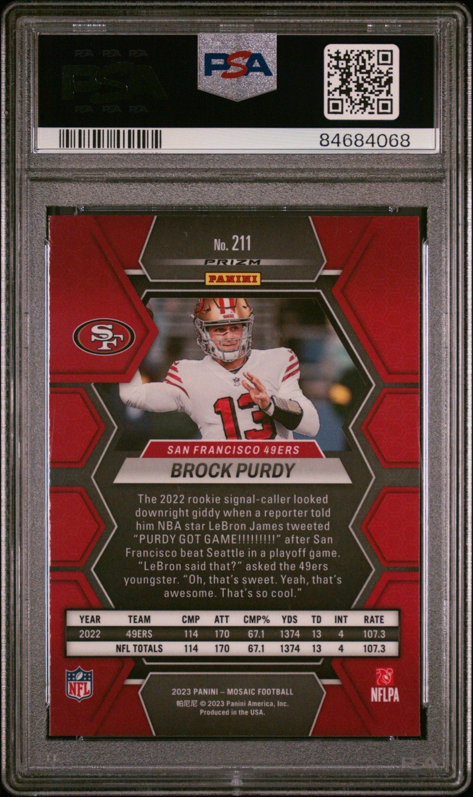 PSA 10 Pop 3 2023 Panini Mosaic Brock Purdy White Sparkle Prizm SSP 49ers 2nd Yr view 2