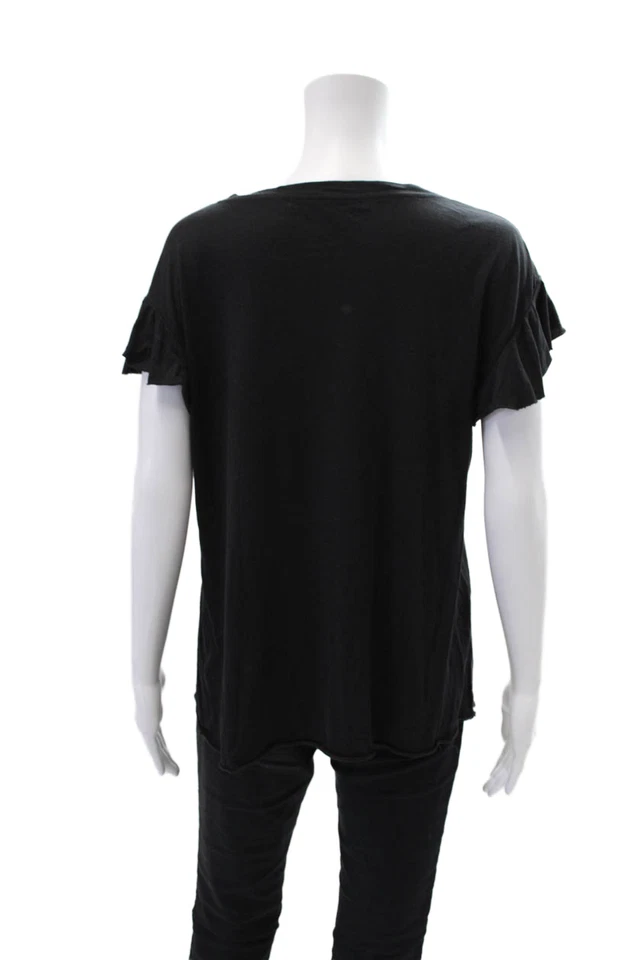 Camiseta informal Michael Stars para mujer de algodón con volantes y cuello en V negra talla única Foto 3 de 4