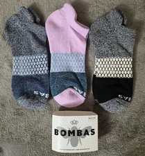 3-Pack Bombas Tri-Block Marl Ankle Socks - Pink / Grey / Dark Grey - Women's Med
