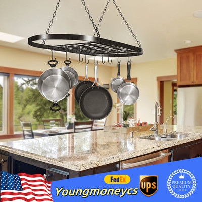 Kitchen Storage Hanging Pot Holder Pan Hanger Shelf Cookware 9-Hooks Rack Iron !