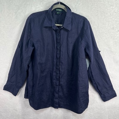 Lauren Ralph Lauren Button Down Women 1X Navy Blue 100% Linen Roll Tab Sleeve