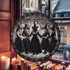 Witches Stained Glass Suncatcher Gothic Halloween Window Hanging Home Decor