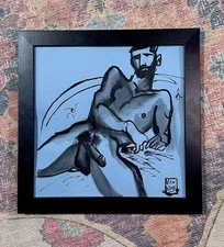 original ink sketch 8x8 Gay Art Portrait male boy portrait muscle model framed