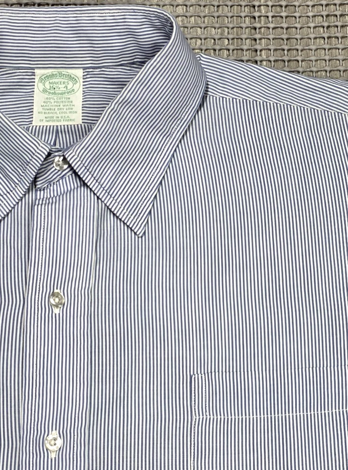 Vintage Brooks Brothers Shirt Mens 16.5-4 Blue Striped Brooksweave USA Button Up - Image 3 of 4