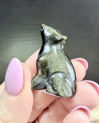 Kristall Mini dünner Wolf heulend Schnitzerei Heilung spiritueller goldener Glanz Obsidian x1