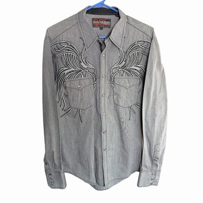 Rock & Roll Cowboy Men's Short Pearl Snap Large Gray Embroidery Western Country