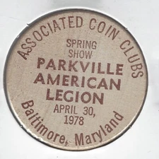 1978 ASSOCIATED COIN CLUBS Spring Show, Baltimore, Maryland, Token Wooden Nickel