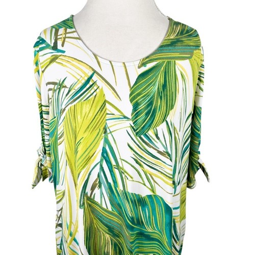 Vestido Susan Graver Tejido Líquido Tropical Estampado de Palma Manga A Corbatas Talla 1X