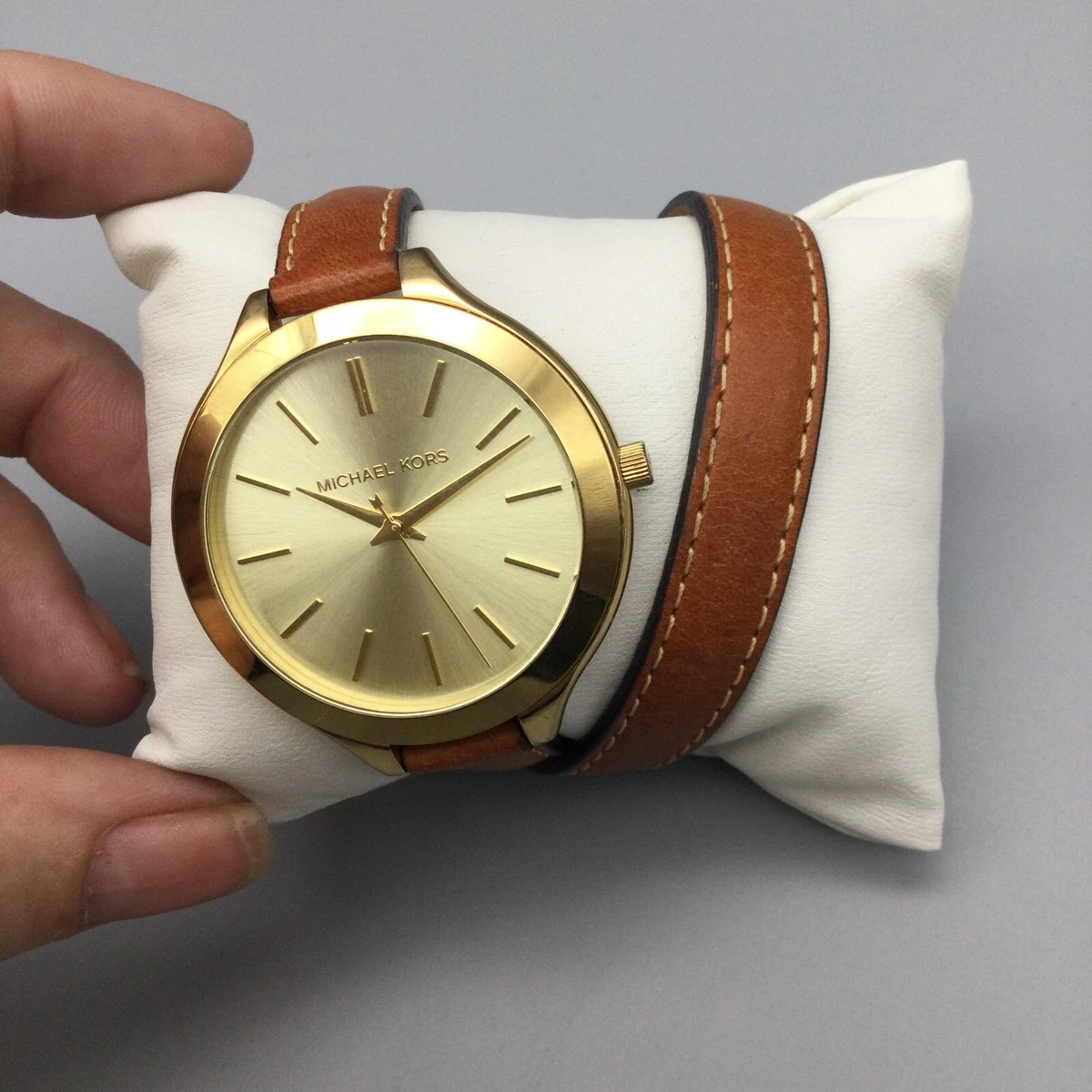 Michael Kors Runway Watch Women Gold Tone Leather Wrap Band New Battery S4