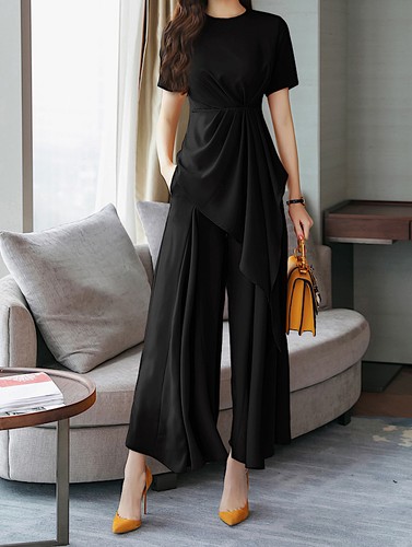 Completo Donna Pantaloni Larghi Maglia Asimmetrica Woman Pants Set SETWOM01 P - Foto 11 di 19
