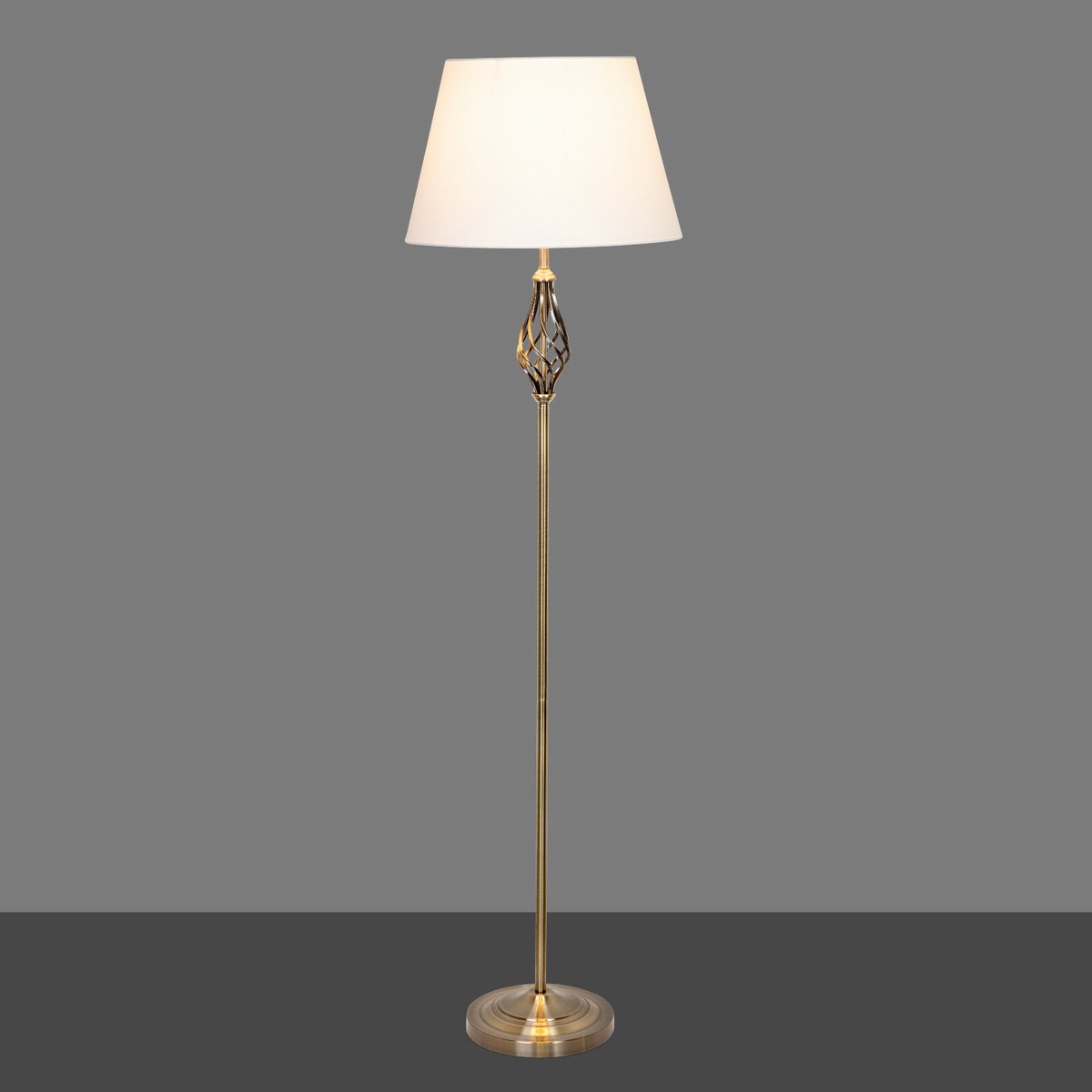 Floor Lamp Queenswood Barley Twist Antique Brass with Ivory Linen Drum Shade