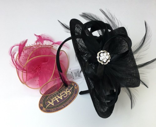 Scala Black Fascinator Hat w/ feathers 
