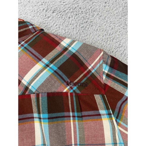 Marmot Shirt Adult Large Maroon Blue Plaid Button Up Long Sleeve Pocket Logo Men - Picture 10 of 13