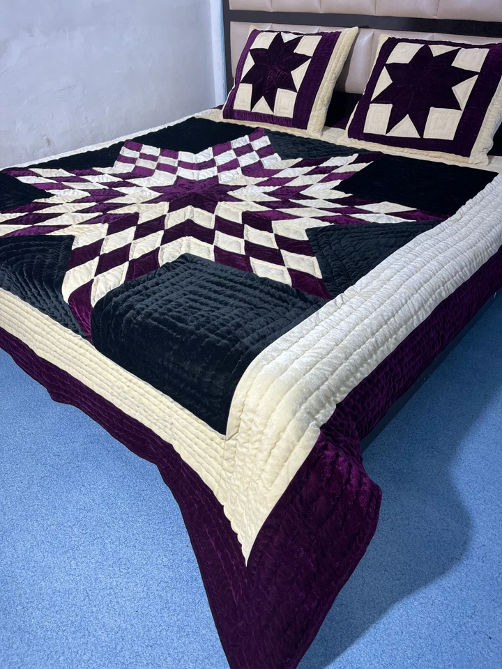 灰色被子带红白星星印花天鹅绒保暖被子手工被子套装 — 第 3/4 张图片