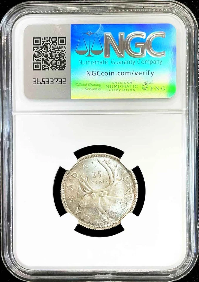 1937 SILVER CANADA 25 CENTS GEORGE VI COIN NGC MINT STATE 63 - Image 2 of 2