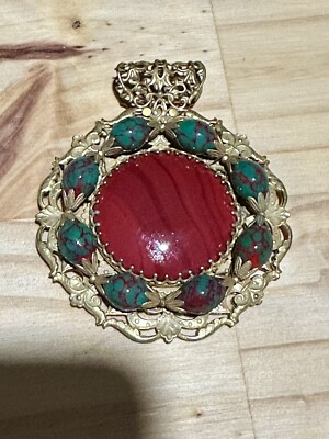 Miriam Haskell Massive Rare Bloodstone Gold Charm Pendant Jewelry