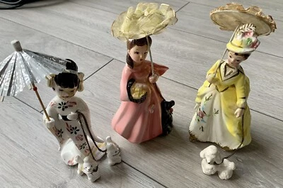 ✨Joli lot 3 grandes figurines anciennes porcelaine - Femmes avec chiens - 17cm✨ - Photo 1/4