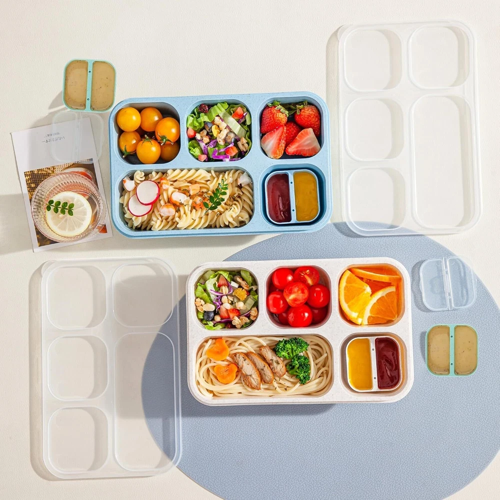 Bento Box Adult, 4 Pack 5 Compartments Meal Prep Green/Blue/Pink/Beige