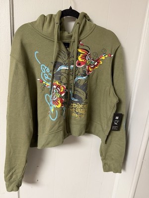 New Ed Hardy Women s Butterflies Y2k Crop Olive Size 2XL Fits Like Small-medium