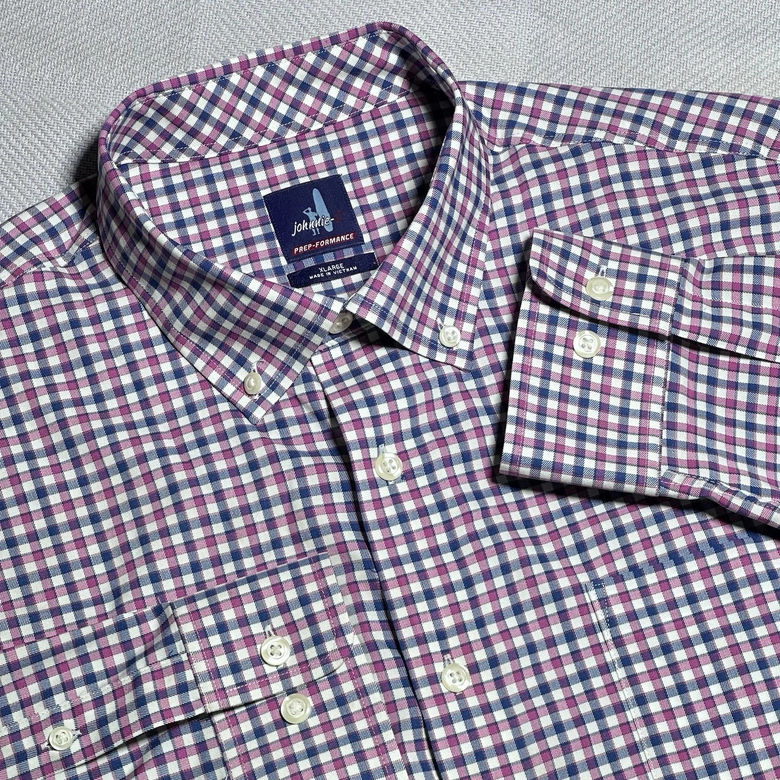 Johnnie-O Prep-Formance Check Plaid Purple Blue Button Down Shirt Mens Size XL