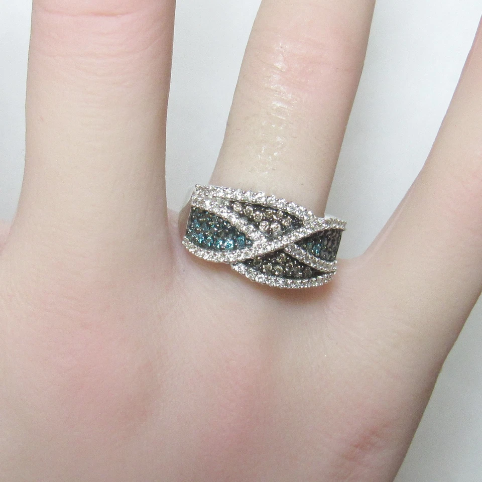 Anillo Estate Oro Blanco 14K Coñac, Azul Y Blanco Corte Brillante Diamantes 0.63 Cts Foto 4 de 4