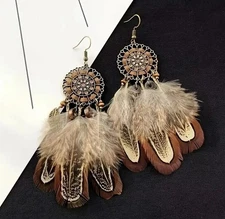 Boho-Chic Dream Catcher Earrings (Brown & Gold)