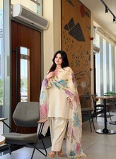 Indian Look Natural Crap Off White Salwar Kameez With Dupatta For Party Wear