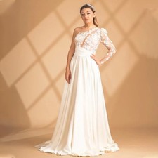 One-shoulder Wedding Dress Lace Applique Pleat Zipper O-neck A-line Chapel Train