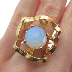 Authentic 925 Sterling Silver Gold Plated Real Opalite Gem Modernist Wide Ring Size 8.5