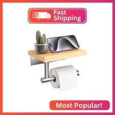 Tindbea Toilet Paper Holder with Wood Shelf, Wooden Wall Mount Tissue Paper Roll