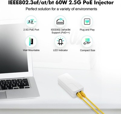 YuLinca 2.5G PoE+ Injector 60W 802.3af/at/bt Gigabit Adapter | Grade A