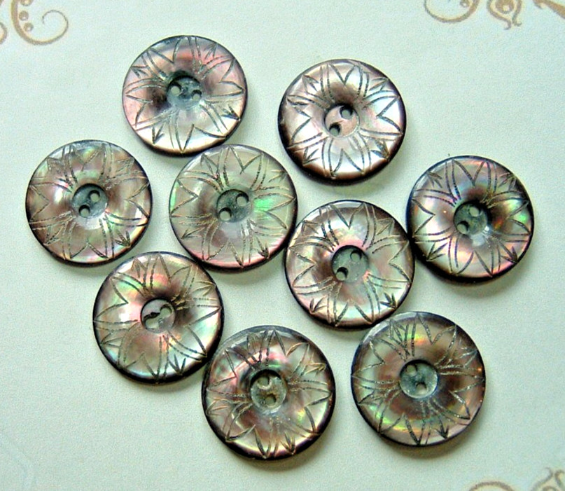 Set of 9 Antique Vtg Iridescent Abalone Shell Buttons Intricately Carved Floral
