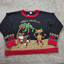 Holiday Time Sweater Kids XL Black Santa Sequined Feliz Navidad Ugly Christmas