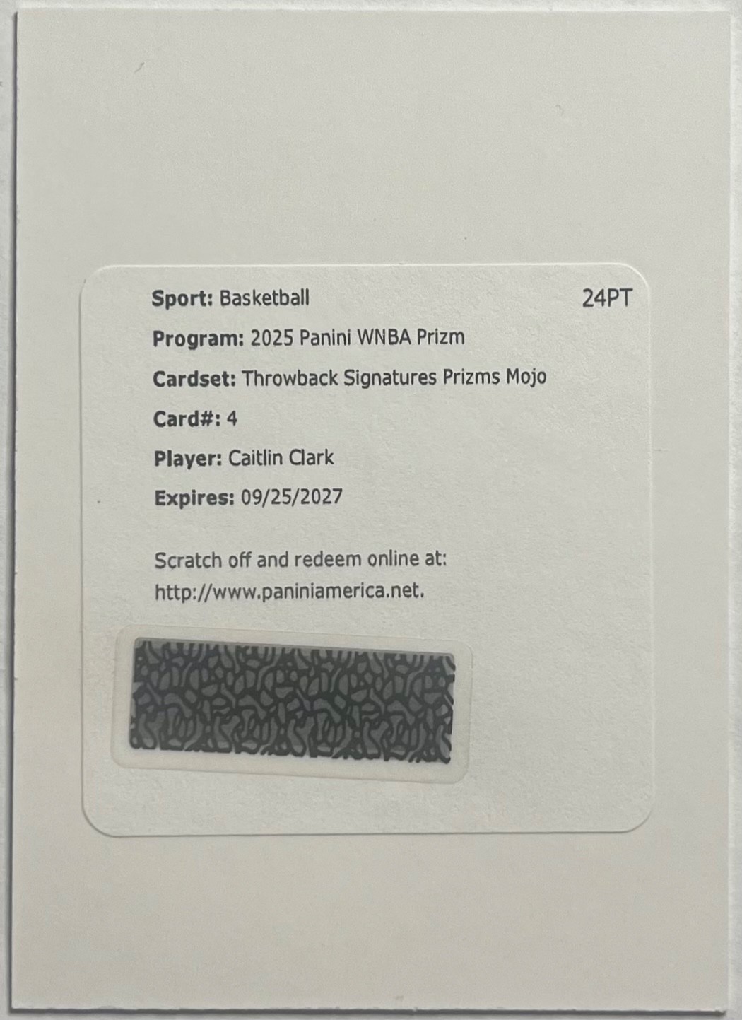 2025 Panini WNBA Prizm Caitlin Clark Throwback Signatures Mojo Auto /25 Redempt