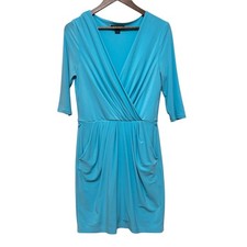 Lauren Ralph Lauren Women Faux Wrap Ruch Midi Dress 10 Turquoise Jersey Workwear