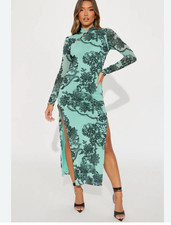 NWT Fashion Nova Shianne Mint Green Mesh Floral High Slit Maxi Dress XS