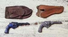 Vintage Lot of 2 Miniature Metal Western Revolver Toys Leather Holsters 2.5"