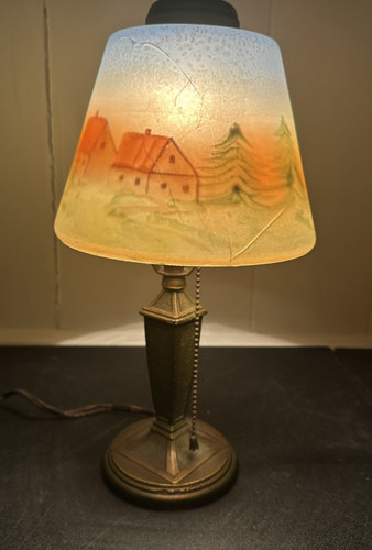 Antique Reverse Painted Table Lamp Brass Scenic Shade Pull Chain 14" Tall