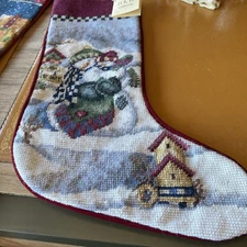 New Needlepoint Christmas Stocking Snowman Snowmen Village Home Winter 17”