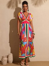 Ladies Colourful V Neck Batwing Sleeve Maxi Dress