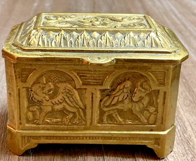 VINTAGE BRASS TRINKET BOX-Christian Symbols- Belgium- 3'' L x 2 1/4''H x 2 1/2'' D
