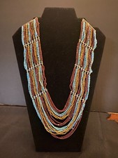 24 Strand Beaded Necklace African Tribal Style 23Inch Seed Beads  Metal Bars