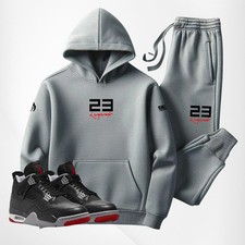 Mens Heather Grey Tracksuit Hoodie Joggers Sweatsuit To Match Air Jordan 4 Bred