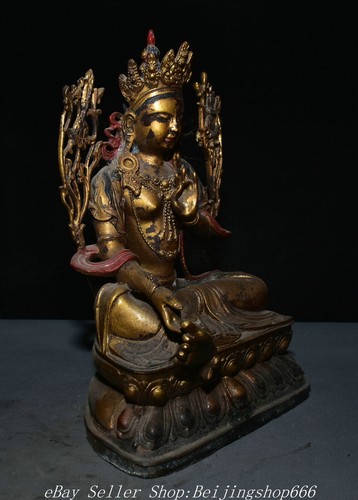 12.8" Old Tibet Bronze Gilt Green Tara Mahayana Buddhism enlightenment Goddess - Picture 8 of 12