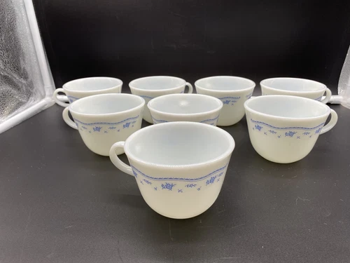 Set of 8 Vintage Pyrex Glass Morning Blue Floral Coffee Tea Cups Corning