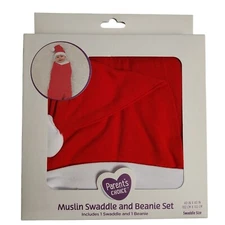 Parents Choice Muslin Swaddle and Beanie Red Cotton Infant Newborn Santa Set