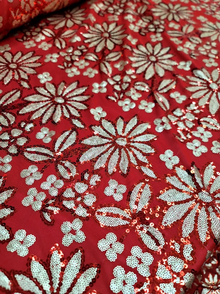 Tela por yarda roja dorada lentejuelas encaje floral bordado cuatro vías malla elástica Foto 2 de 4