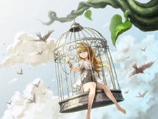 Anime cages sky girls original characters birds artwork Playmat Gaming Mat