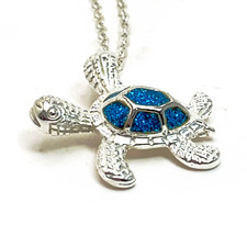 Sea Turtle Necklace 925 Sterling Silver Blue Enamel Pendant 18 in Chain Italy