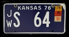 LOW NUMBER KANSAS 1976 - 1980 AUTO PASSENGER LICENSE PLATE " JW S 64 "  KS 76